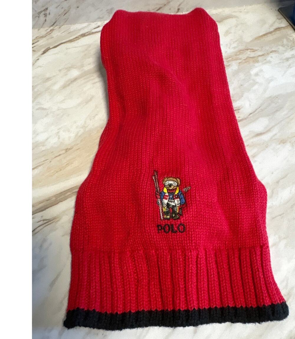Ralph Lauren Polo Ski Bear Red Cotton Knit Scarf 48" long by 7" wide